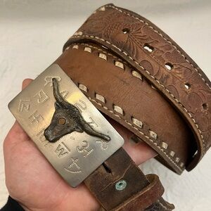 Vintage brown tooled leather belt longhorn cattle brand silver buckle